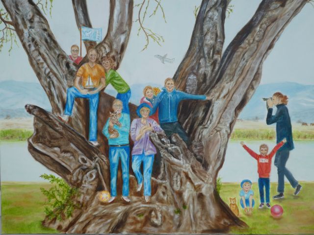 Stammbaum auf Baumstamm, 100cmx70cm, 2019, Öl